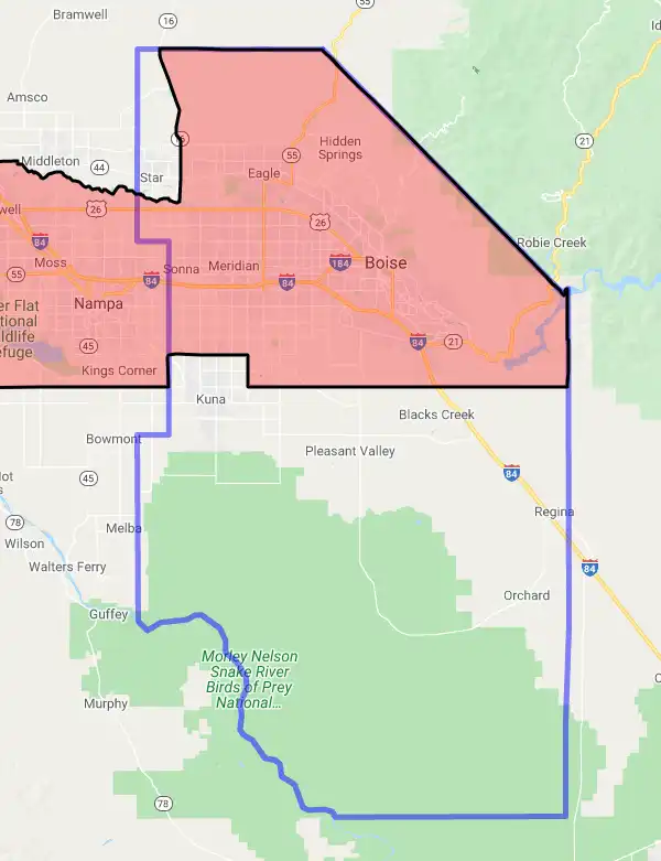 County level USDA loan eligibility boundaries for Ada, Idaho