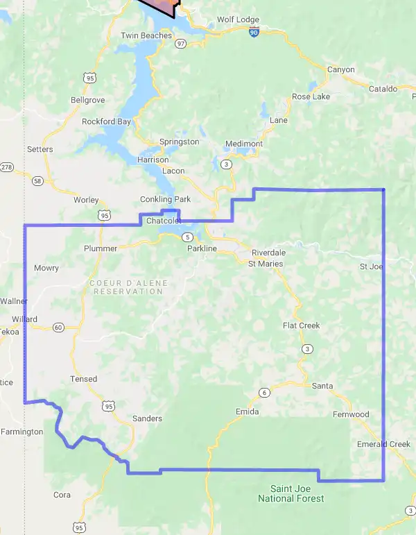County level USDA loan eligibility boundaries for Benewah, Idaho