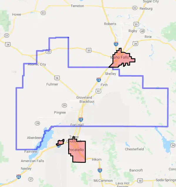 County level USDA loan eligibility boundaries for Bingham, Idaho