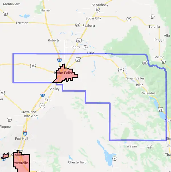 County level USDA loan eligibility boundaries for Bonneville, Idaho