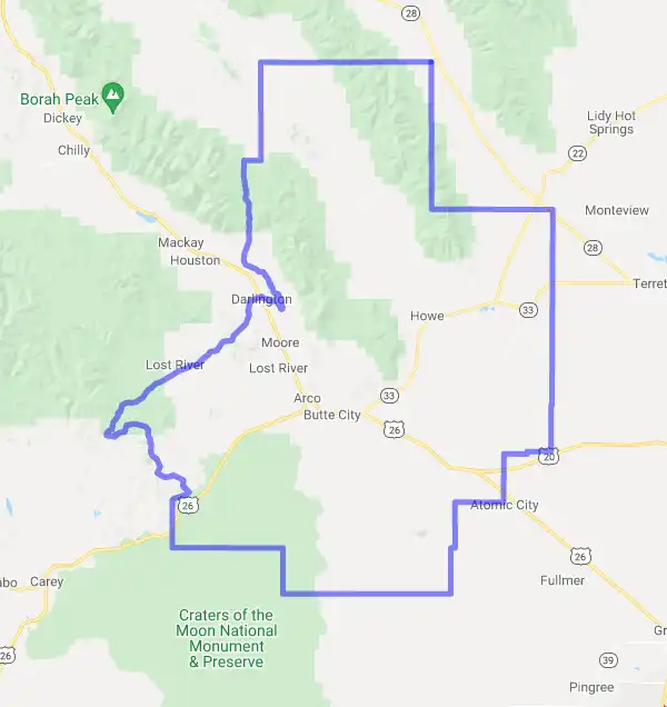 County level USDA loan eligibility boundaries for Butte, Idaho
