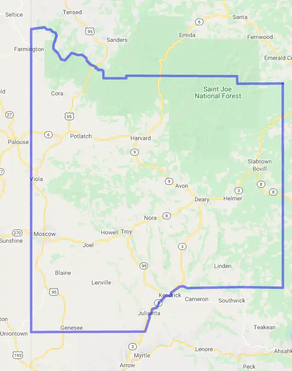 County level USDA loan eligibility boundaries for Latah, ID