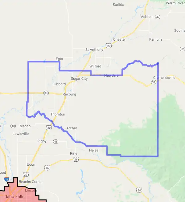 County level USDA loan eligibility boundaries for Madison, ID