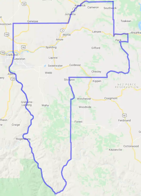 County level USDA loan eligibility boundaries for Nez Perce, Idaho