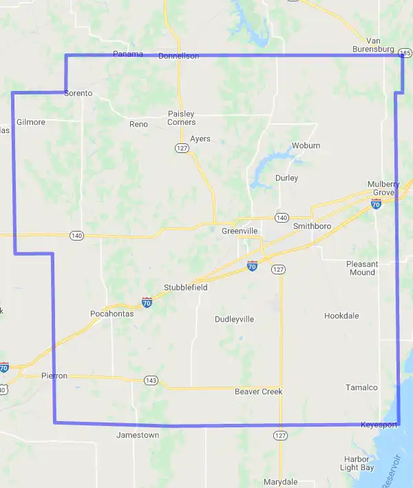 County level USDA loan eligibility boundaries for Bond, Illinois