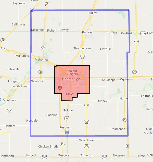 County level USDA loan eligibility boundaries for Champaign, Illinois