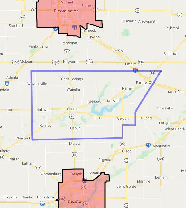 County level USDA loan eligibility boundaries for De Witt, Illinois