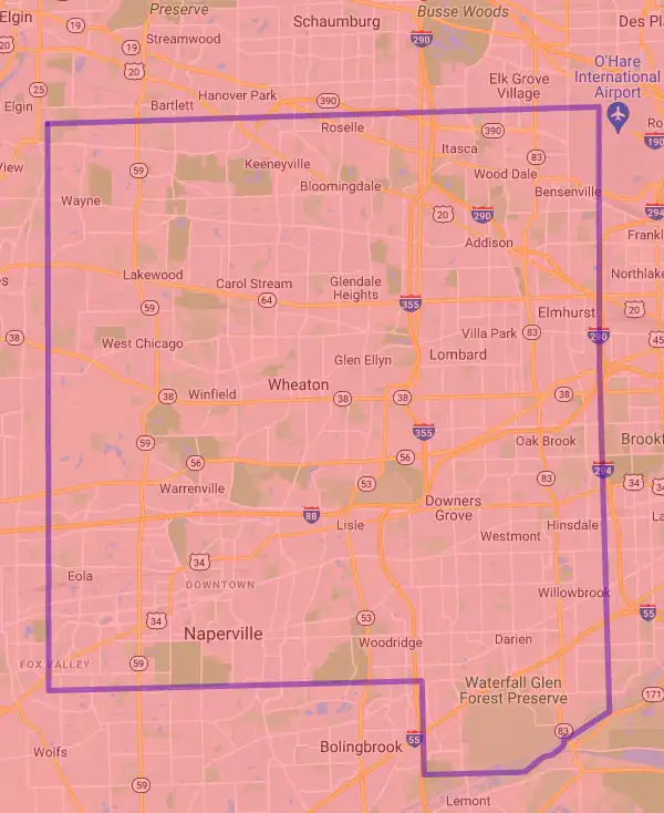 County level USDA loan eligibility boundaries for DuPage, Illinois