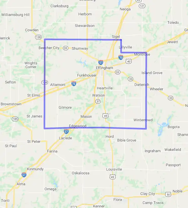 County level USDA loan eligibility boundaries for Effingham, Illinois