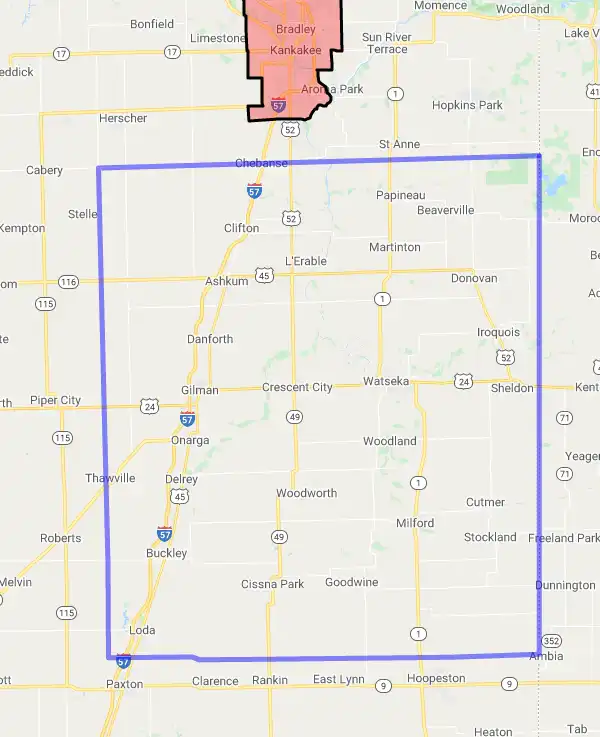 County level USDA loan eligibility boundaries for Iroquois, Illinois
