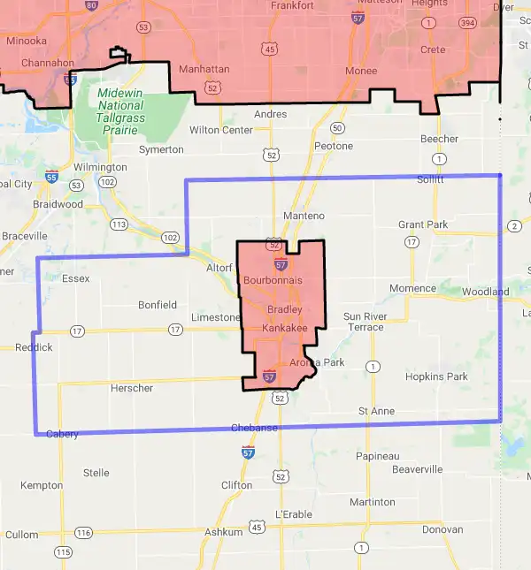County level USDA loan eligibility boundaries for Kankakee, Illinois