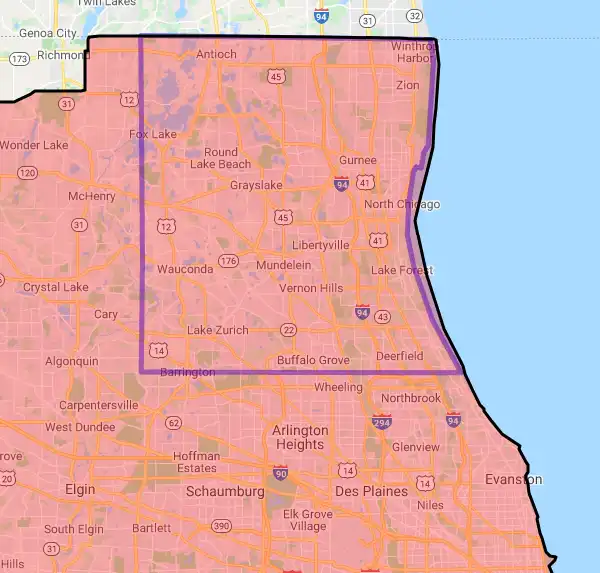 County level USDA loan eligibility boundaries for Lake, Illinois