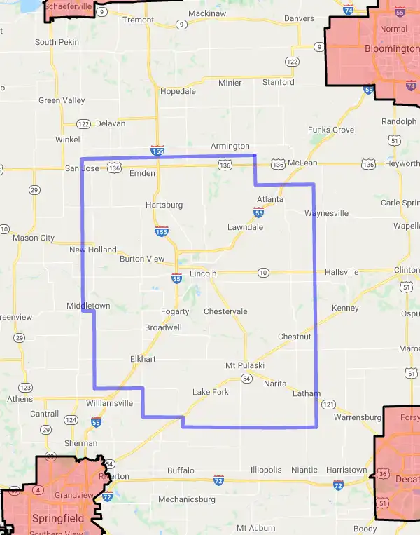 County level USDA loan eligibility boundaries for Logan, Illinois