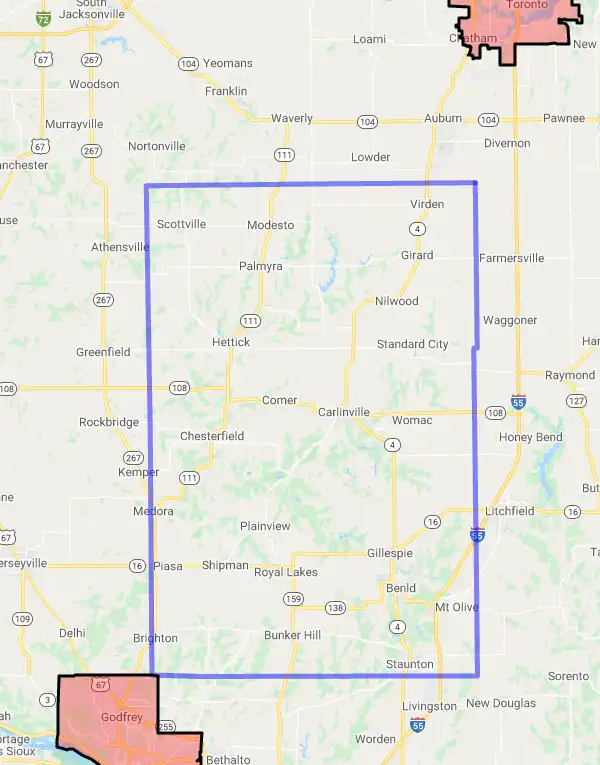 County level USDA loan eligibility boundaries for Macoupin, Illinois