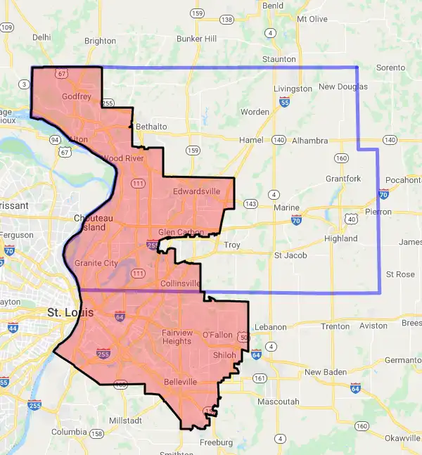 County level USDA loan eligibility boundaries for Madison, Illinois