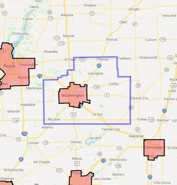 County level USDA loan eligibility boundaries for McLean, Illinois
