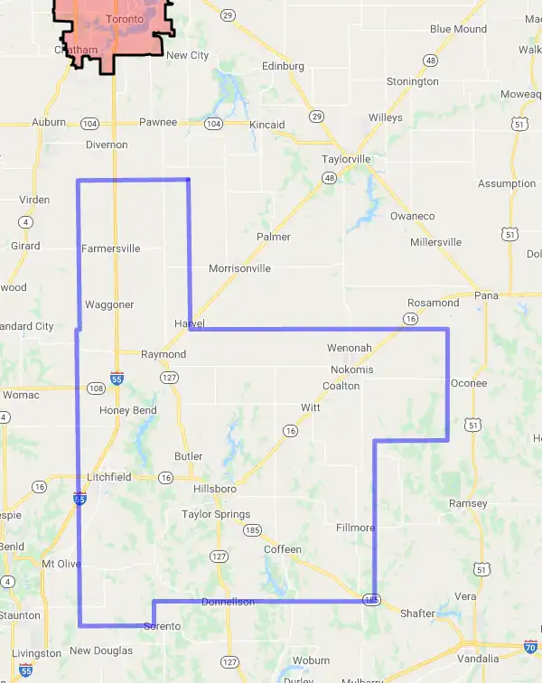 County level USDA loan eligibility boundaries for Montgomery, Illinois