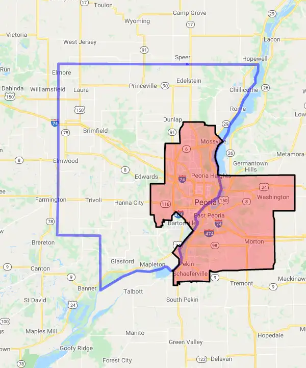 County level USDA loan eligibility boundaries for Peoria, Illinois