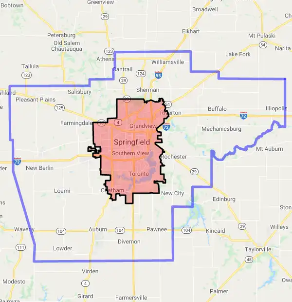 County level USDA loan eligibility boundaries for Sangamon, Illinois