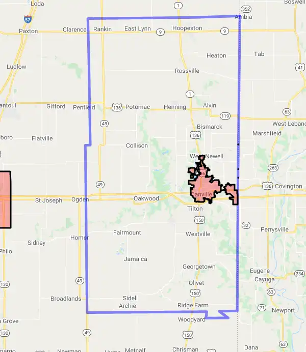 County level USDA loan eligibility boundaries for Vermilion, Illinois