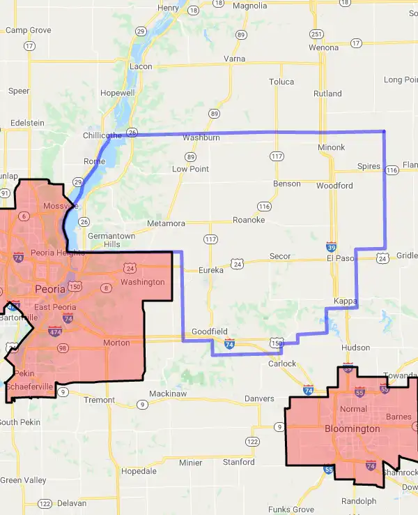 County level USDA loan eligibility boundaries for Woodford, Illinois