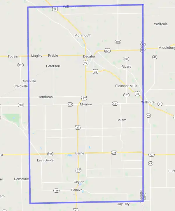 County level USDA loan eligibility boundaries for Adams, Indiana