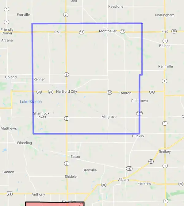 County level USDA loan eligibility boundaries for Blackford, Indiana