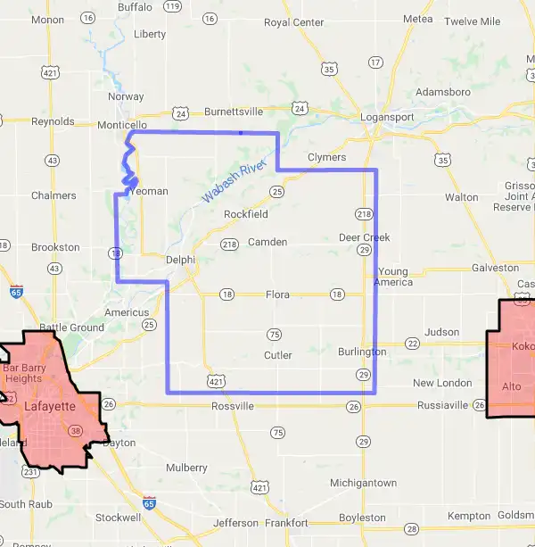 County level USDA loan eligibility boundaries for Carroll, Indiana
