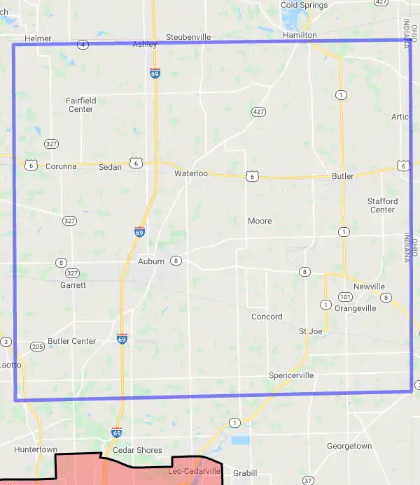 County level USDA loan eligibility boundaries for DeKalb, Indiana