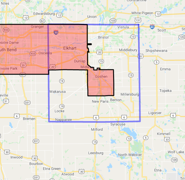 County level USDA loan eligibility boundaries for Elkhart, IN