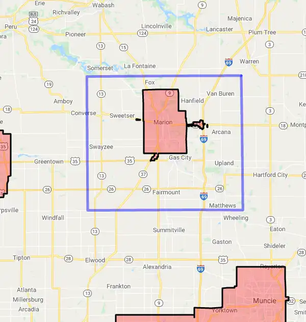 County level USDA loan eligibility boundaries for Grant, Indiana
