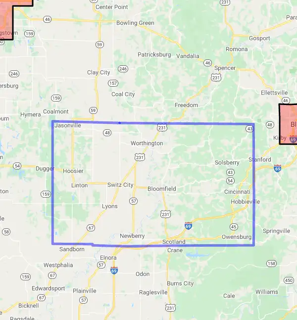 County level USDA loan eligibility boundaries for Greene, Indiana