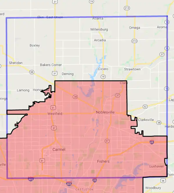 County level USDA loan eligibility boundaries for Hamilton, Indiana
