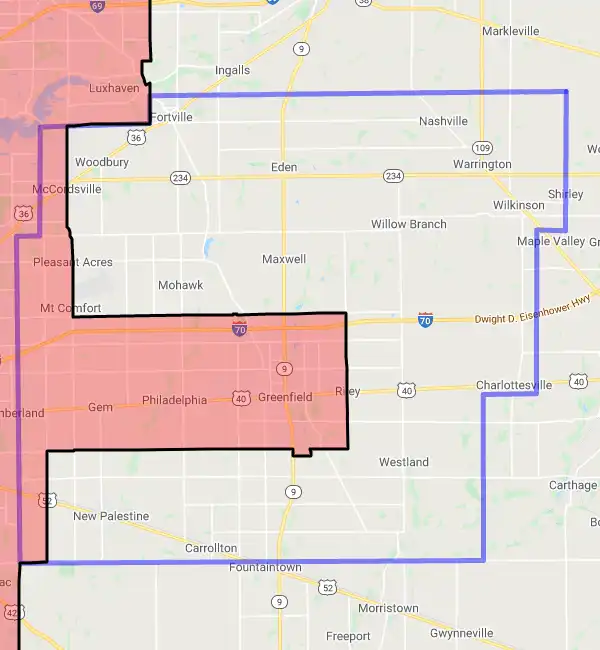 County level USDA loan eligibility boundaries for Hancock, IN