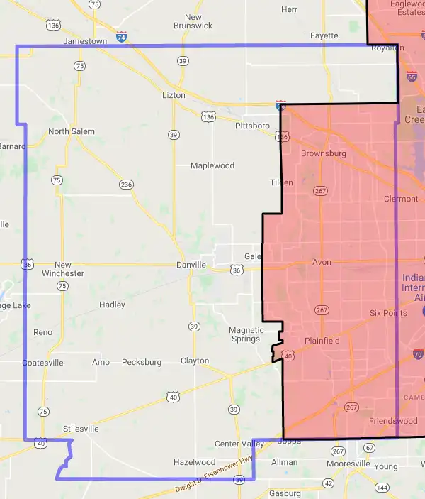 County level USDA loan eligibility boundaries for Hendricks, IN