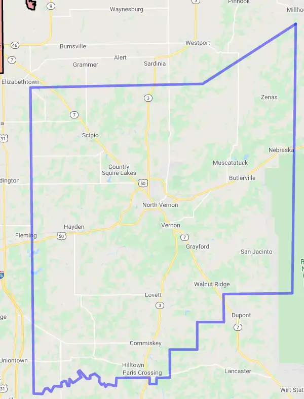 County level USDA loan eligibility boundaries for Jennings, Indiana