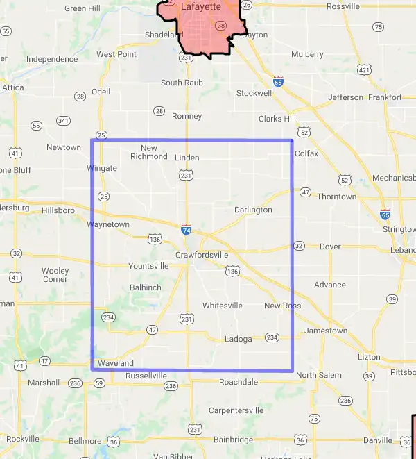 County level USDA loan eligibility boundaries for Montgomery, Indiana