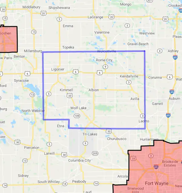 County level USDA loan eligibility boundaries for Noble, Indiana