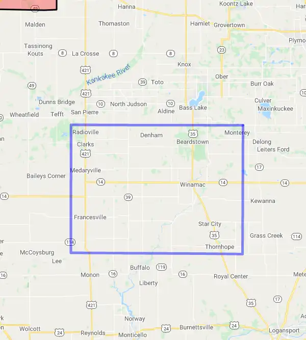 County level USDA loan eligibility boundaries for Pulaski, Indiana