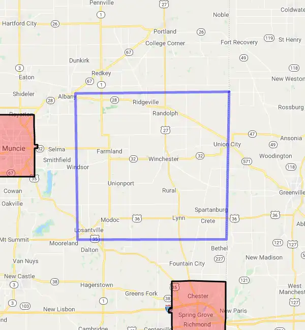 County level USDA loan eligibility boundaries for Randolph, Indiana