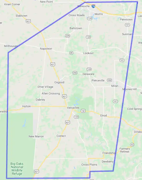 County level USDA loan eligibility boundaries for Ripley, Indiana