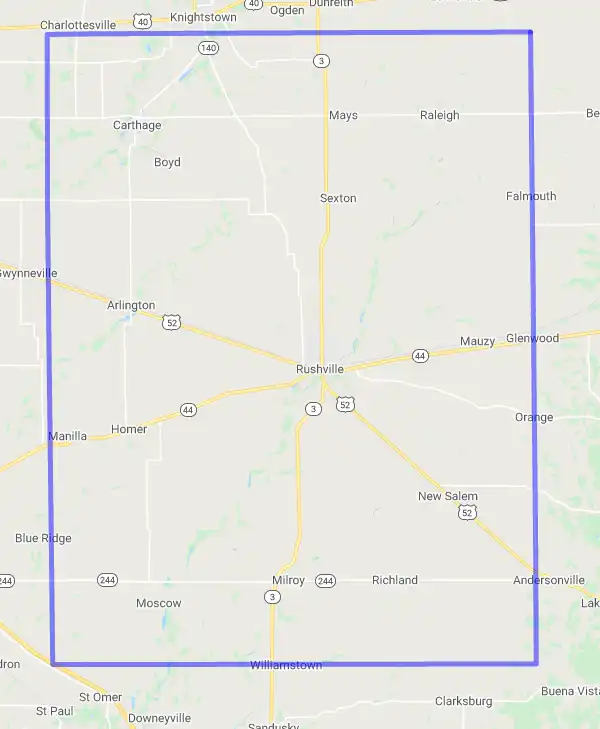 County level USDA loan eligibility boundaries for Rush, Indiana