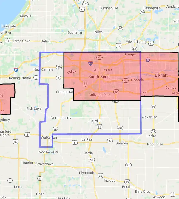 County level USDA loan eligibility boundaries for Saint Joseph, Indiana