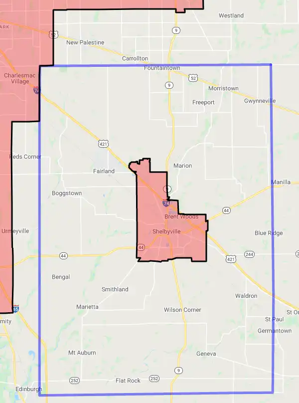 County level USDA loan eligibility boundaries for Shelby, Indiana