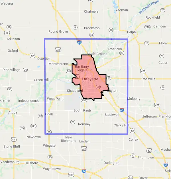 County level USDA loan eligibility boundaries for Tippecanoe, Indiana
