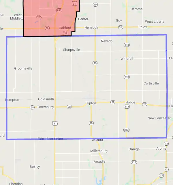 County level USDA loan eligibility boundaries for Tipton, IN