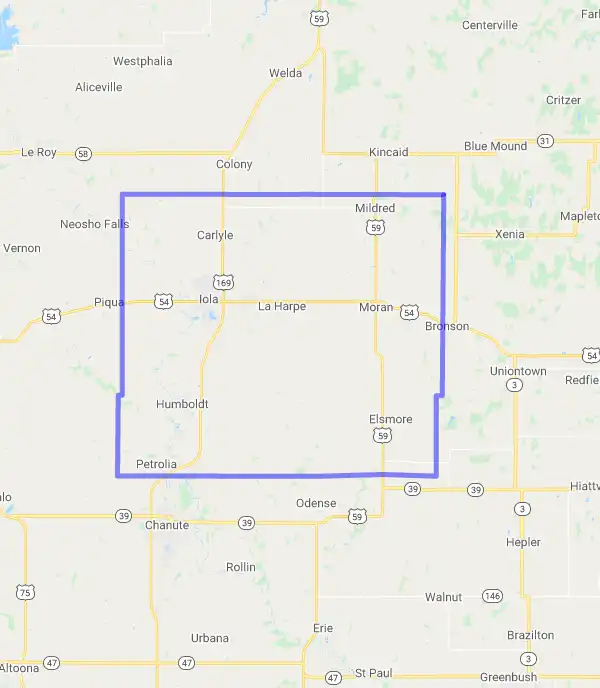 County level USDA loan eligibility boundaries for Allen, Kansas