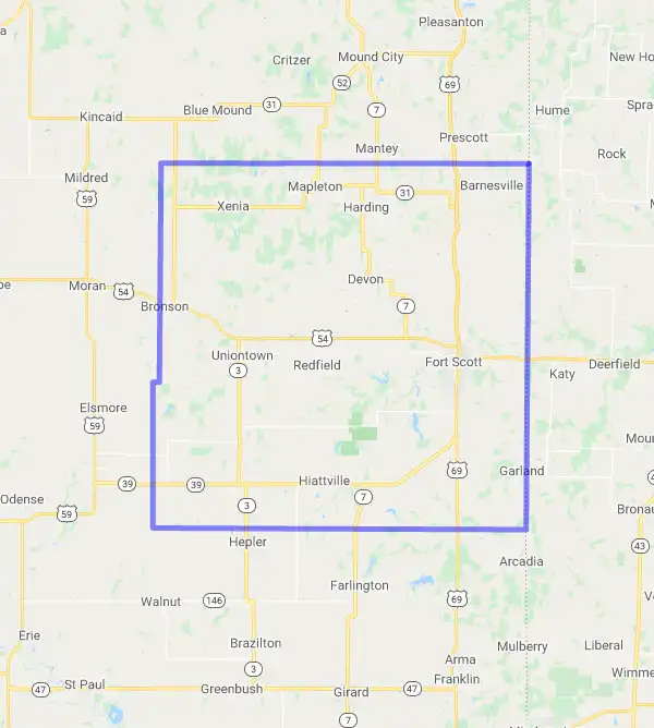 County level USDA loan eligibility boundaries for Bourbon, Kansas