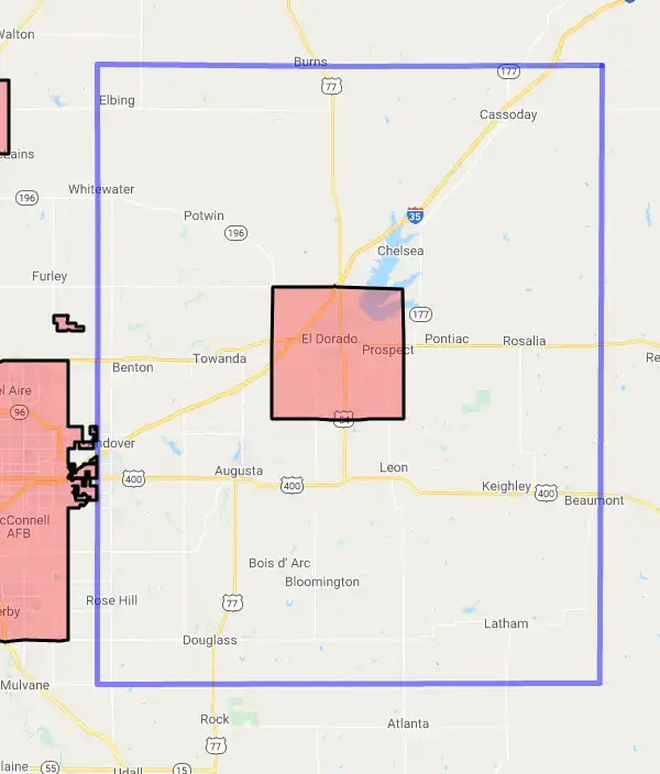 County level USDA loan eligibility boundaries for Butler, Kansas