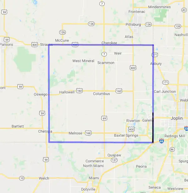 County level USDA loan eligibility boundaries for Cherokee, Kansas